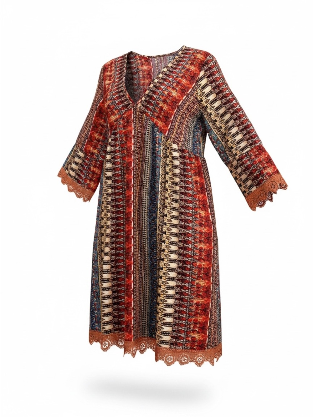 Boho Printed V-Neck Dress Crochet Lace Trim Bell Sleeve Orange Red Multicolor - Picture 7 of 9